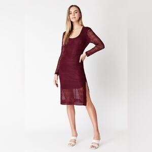 Bardot Revolve Marion Lace Dress Long Sleeve Knee Length Open Back Slit Maroon 8